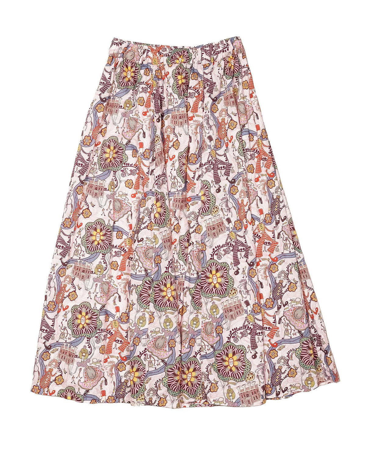 The Lulu Skirt by THE LITTLE PROJECT features a vibrant Liberty of London Cirque print with animals and floral designs in orange, purple, green, and yellow on an off-white base. Its elastic waist offers comfort and style.
