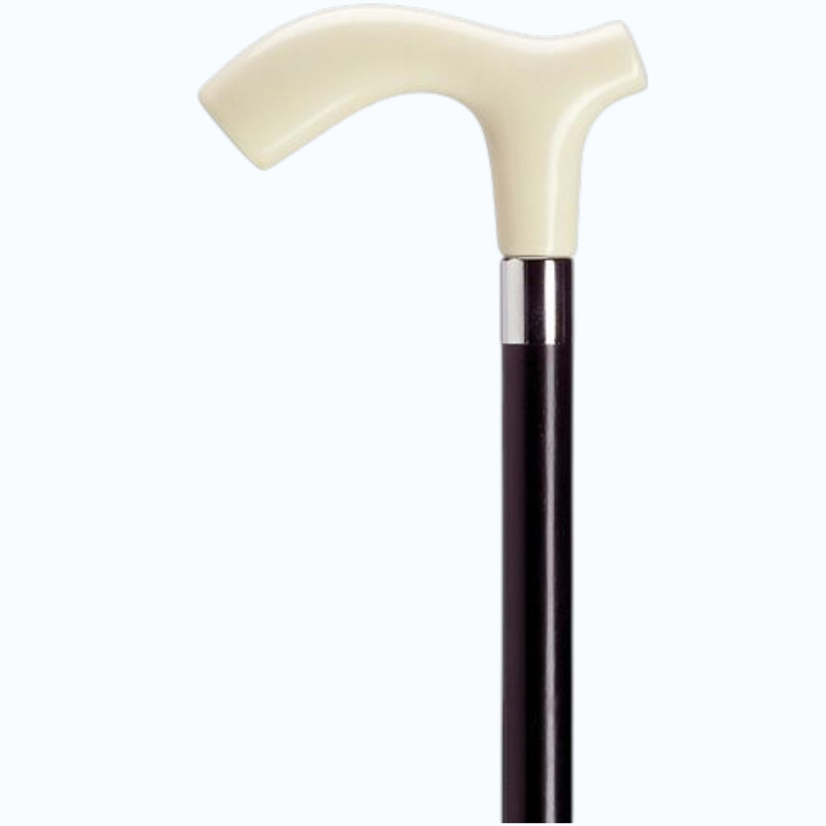 The HARVY CANES Decorative European Fritz Handle Cane features an ivory-finished ergonomic handle, a black lacquered hardwood shaft, and a silver collar, shown against a plain light background.