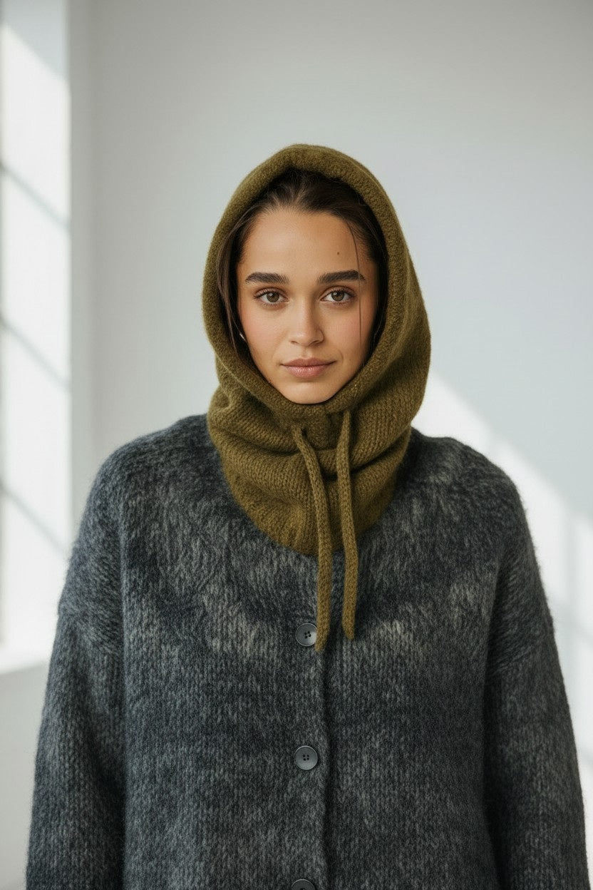 A woman wearing a fuzzy gray coat and the HARTFORD - MEVA HOOD IN KHAKI by HARTFORD—a cozy, merino wool balaclava crafted in Italy with drawstrings—looks directly at the camera against a plain background, adding both warmth and elegance to her winter style.