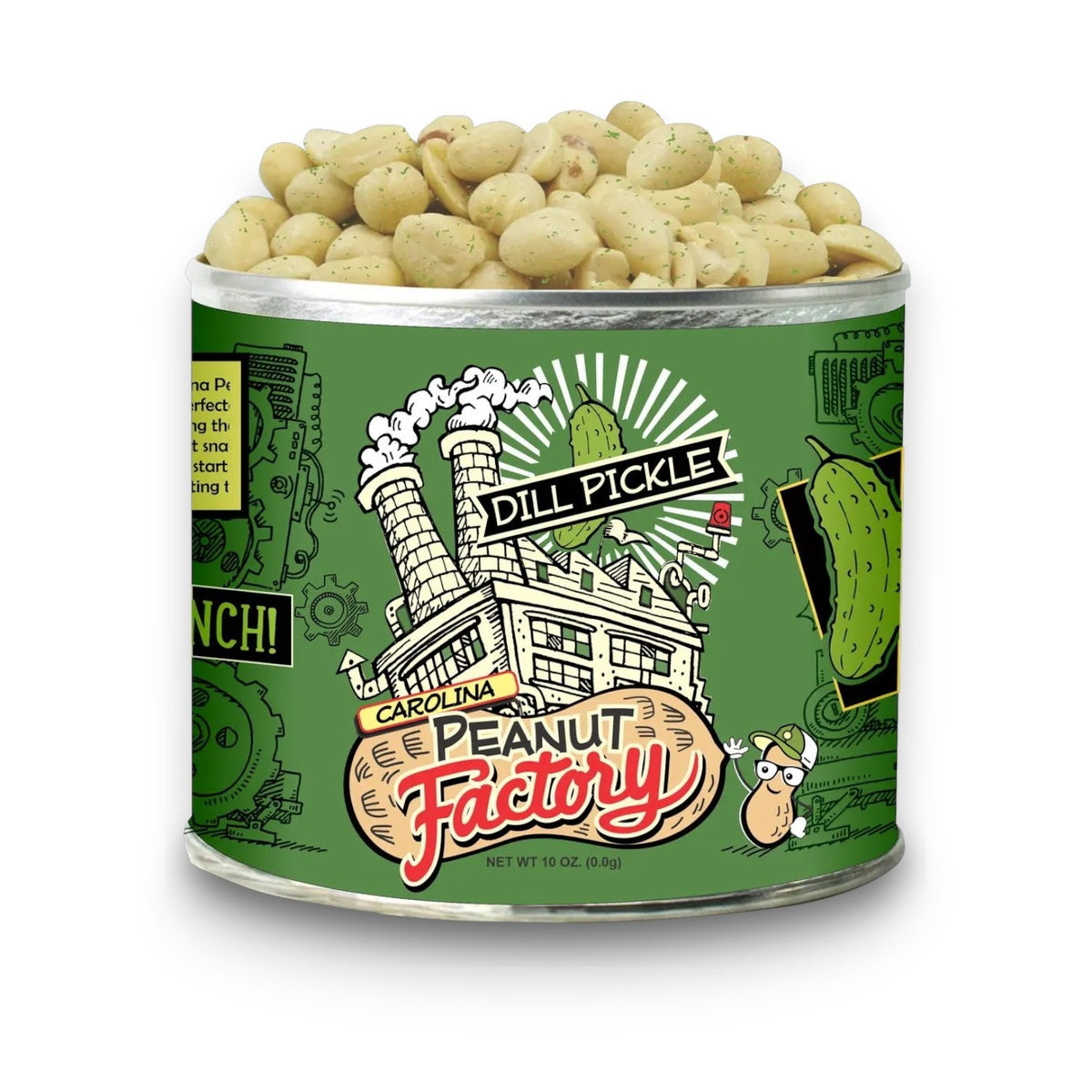 An open can of 1949 NUT COMPANY - DILL PICKLE PEANUTS, featuring playful factory, peanut, and pickle cartoons on a bold green label, reveals these zesty flavored peanuts inside.
