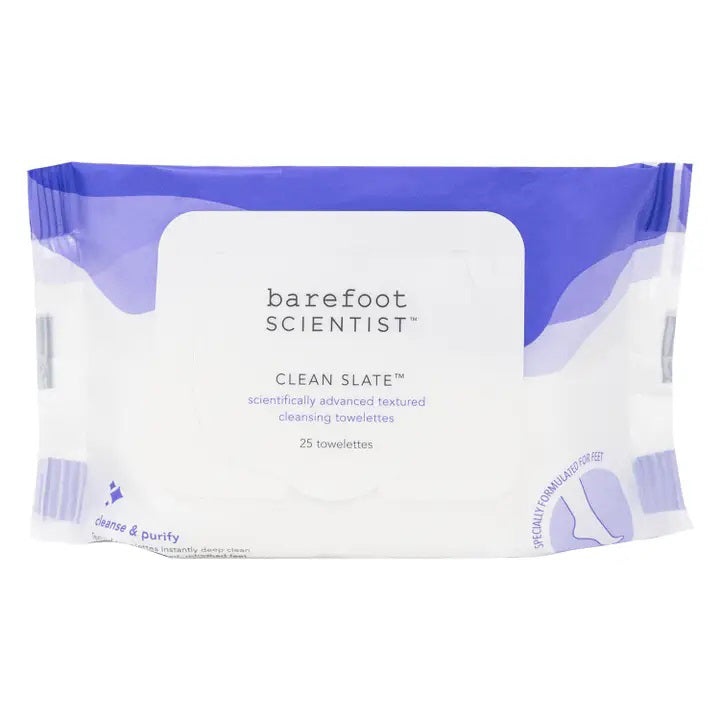 A package of BAREFOOT SCIENTIST - CLEAN SLATE FOOT TOWELETTES, featuring 25 textured wipes for deep cleansing and purifying.