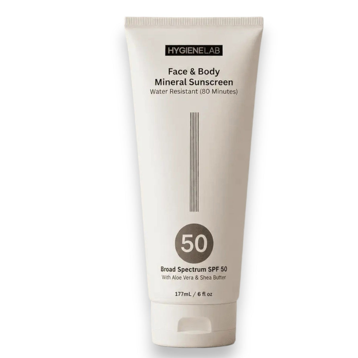 HYGIENELAB - FACE &amp; BODY MINERAL SUNSCREEN, in a white tube, offers broad-spectrum SPF 50 sun protection with 80 minutes of water resistance. Enhanced with soothing aloe vera and nourishing shea butter, this zinc oxide sunscreen comes in a generous 177 mL (6 fl oz) size.