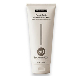 HYGIENELAB - FACE & BODY MINERAL SUNSCREEN, in a white tube, offers broad-spectrum SPF 50 sun protection with 80 minutes of water resistance. Enhanced with soothing aloe vera and nourishing shea butter, this zinc oxide sunscreen comes in a generous 177 mL (6 fl oz) size.