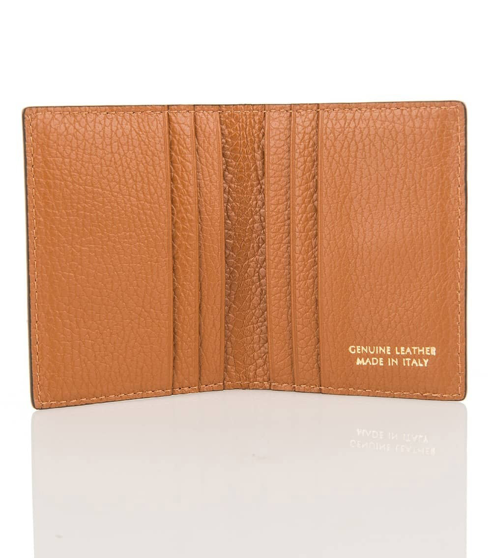 The open gray LEATHER CARD HOLDER by LE BORSETTE features multiple slots. &quot;Genuine Leather Made in Italy&quot; is engraved in the bottom right corner, with its shiny surface reflecting sophistication and fine Italian craftsmanship.