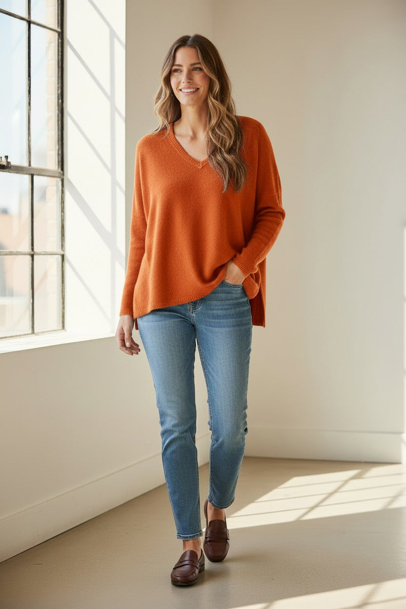 Close-up of a warm, rusty orange knitted fabric showcasing the even stockinette stitch texture of the BASE MILANO - BOXY OVERSIZED V NECK SWEATER by BASE MILANO.