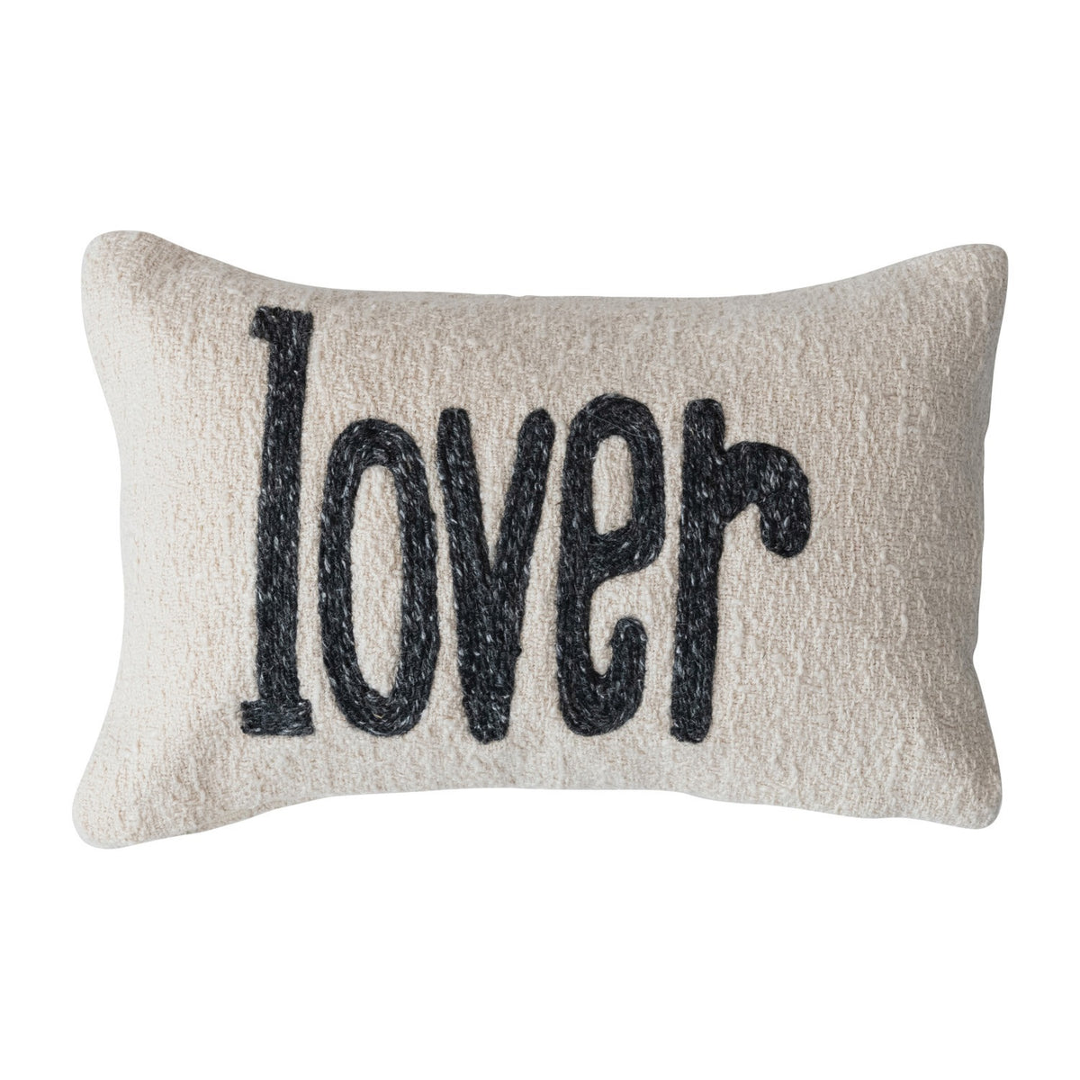 The “LOVER” LUMBAR PILLOW by CREATIVE COOP is a cream-colored cotton slub accent pillow with “lover” in bold black lowercase letters, perfect as a charming decorative piece.