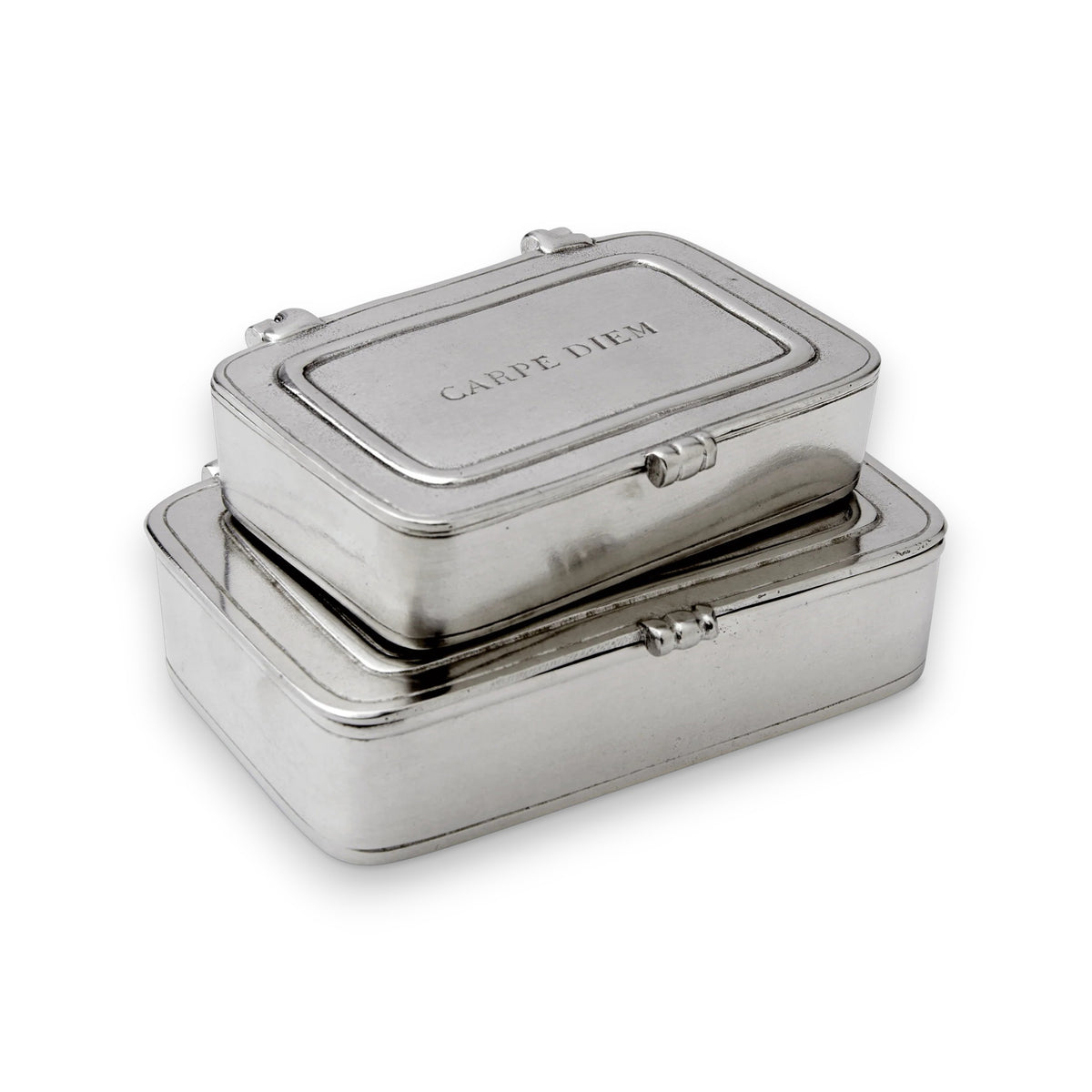The MATCH - PEWTER &#39;CARPE DIEM&#39; BOX LARGE by MATCH is a rectangular keepsake box with rounded edges, small latches, and &quot;CARPE DIEM&quot; engraved on the lid—an elegant gift for any special occasion.