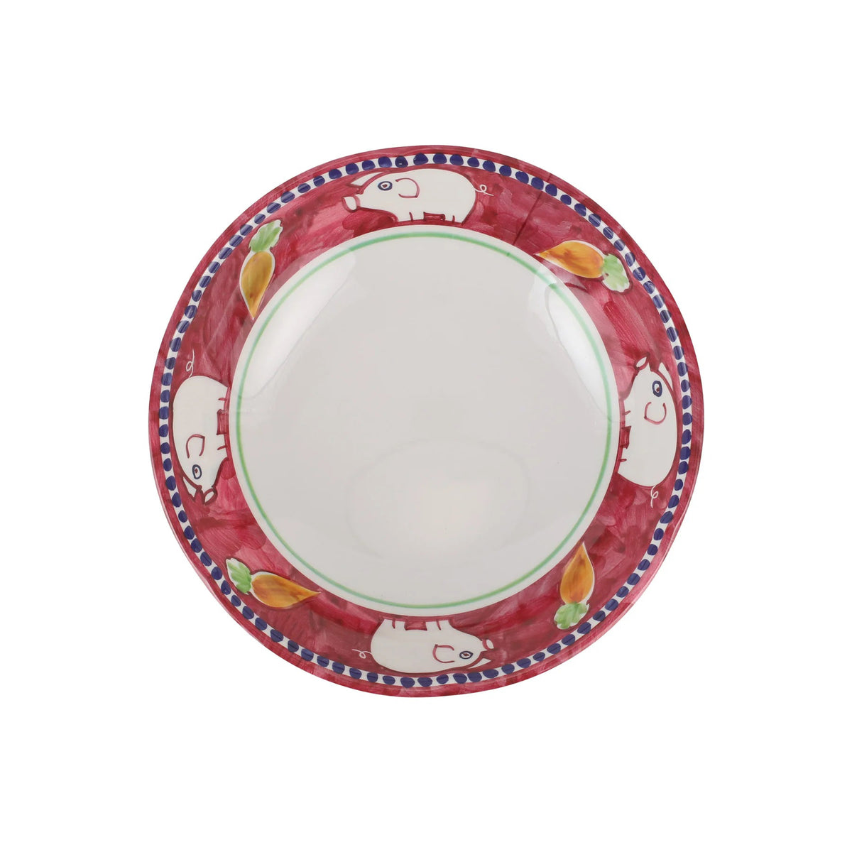 The VIETRI Melamine Campagna Pasta Bowl features a red interior with playful pig and fruit designs, a blue patterned edge, and a durable white melamine build—perfect for outdoor dining.