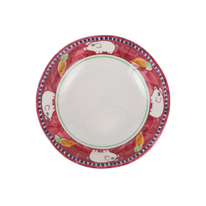 The VIETRI Melamine Campagna Pasta Bowl features a red interior with playful pig and fruit designs, a blue patterned edge, and a durable white melamine build—perfect for outdoor dining.