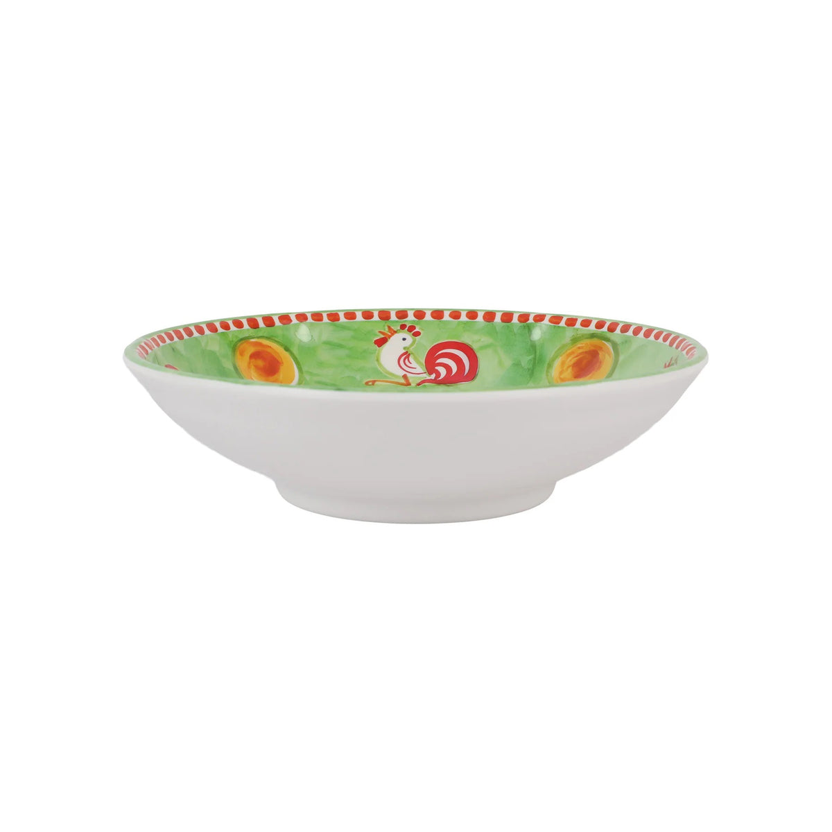 The VIETRI Melamine Campagna Pasta Bowl features a red interior with playful pig and fruit designs, a blue patterned edge, and a durable white melamine build—perfect for outdoor dining.