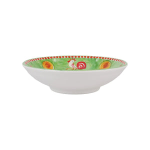 The VIETRI Melamine Campagna Pasta Bowl features a red interior with playful pig and fruit designs, a blue patterned edge, and a durable white melamine build—perfect for outdoor dining.