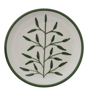 Set of four CREATIVE COOP HAND-PAINTED STONEWARE PLATES, each with a unique botanical design and green rim. Delicate green leaf patterns make every appetizer plate an artful addition to your table.