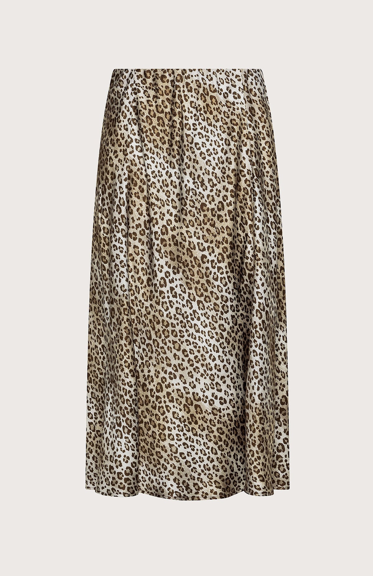 The SEVENTY VENEZIA - LEOPARD PRINT SKIRT by SEVENTY is a knee-length, A-line skirt with brown and black leopard spots on a light base, made in Italy and shown against a light beige background.