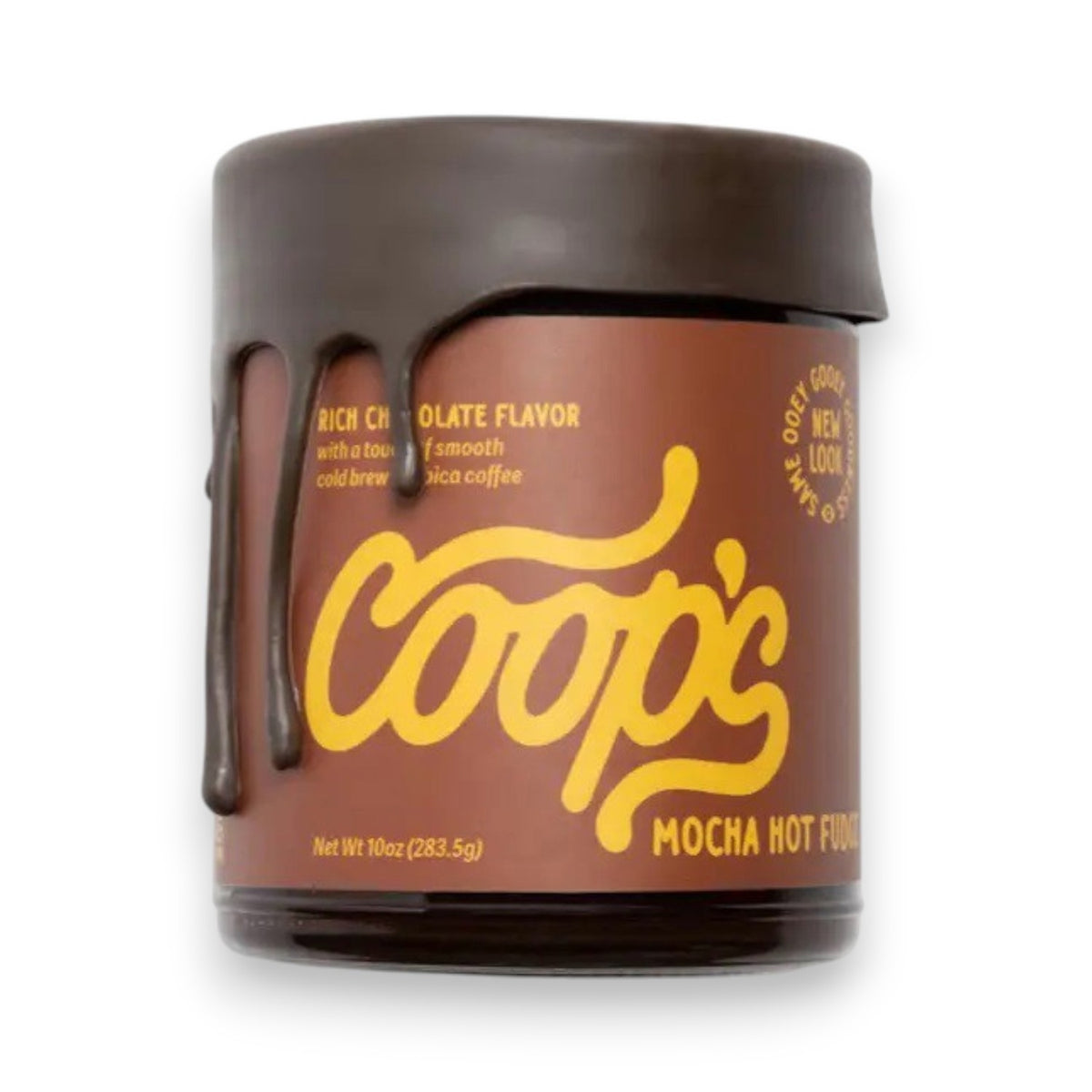 A jar of COOPS COLD BREW MOCHA HOT FUDGE, topped with dripping chocolate, features a bold yellow label on its 10 oz (283.5g) container of rich, handmade chocolate sauce blended with cold brew mocha notes.
