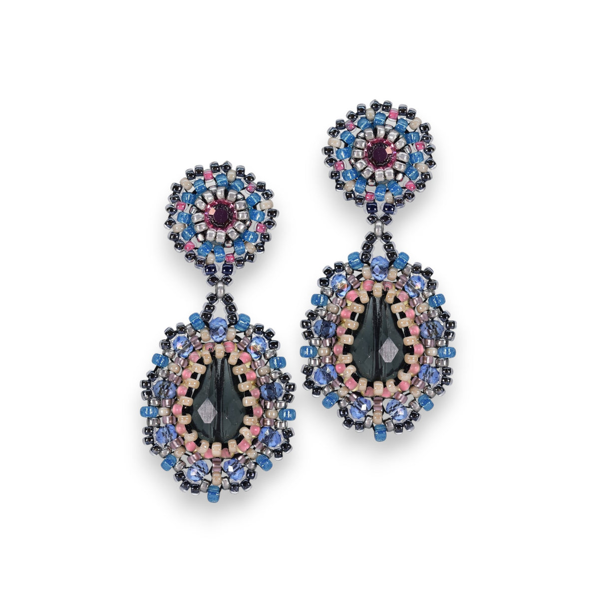 The MIGUEL ASES - CRYSTAL MIYUKI DROP EARRINGS by MIGUEL ASES, INC. are elegant luxury earrings featuring oval dark green gemstones and intricate patterns of Miyuki crystal beads in blue, pink, and gray with a circular top section and teardrop-shaped dangle.