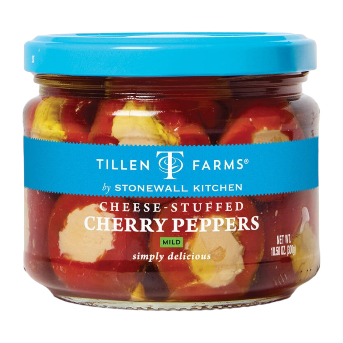 A jar of STONEWALL KITCHEN TF CHEESE STUFFED CHERRY PEPPERS with a blue lid and label. Mild, creamy cheese fills the peppers, visible through the glass—ideal for charcuterie boards or antipasto platters.