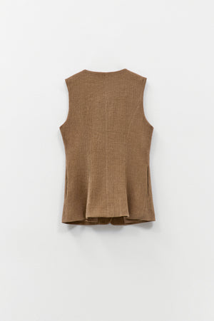 ELEH - THE ATLIER VEST by ELEH: A sleeveless, textured brown crinkle fabric vest with a round neckline and small front buttons, shown against a white background.