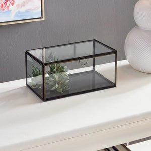 The NAPA HOME AND GARDEN - ARWEN RECTANGULAR BOX is a sleek glass and brass piece with a metal frame, hinged lid, and circular handle; perfect for storing mementos and beautifully displayed on a white background.