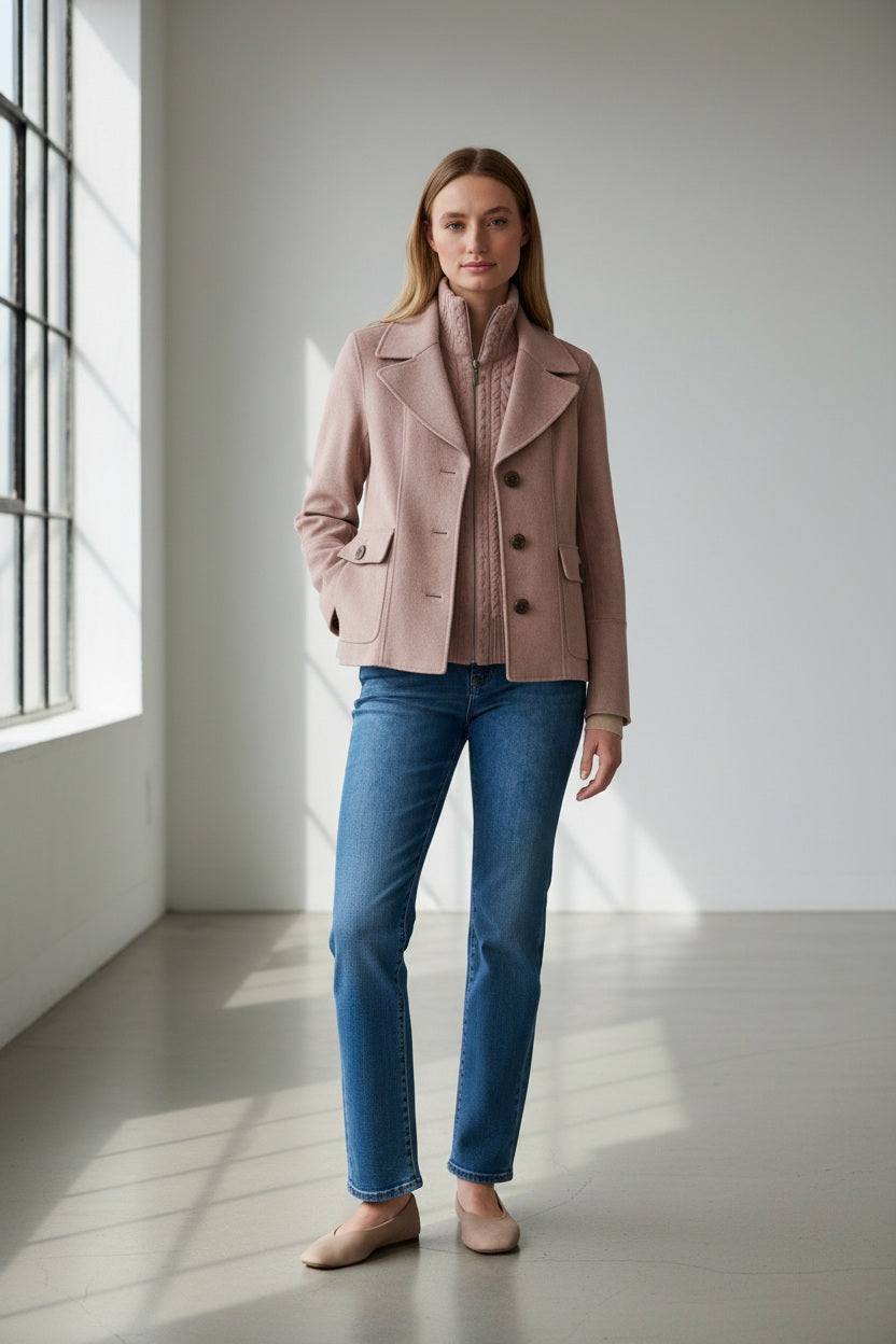 A woman wearing the KINROSS CASHMERE Knit Insert Notch Collar Coat in Sandstone over a collared shirt and blue jeans stands against a plain, light background, her hand in her pocket as she looks at the camera with a soft smile. The subtle cable knit insert on this classic KINROSS outerwear adds an elegant touch to her effortlessly chic look.