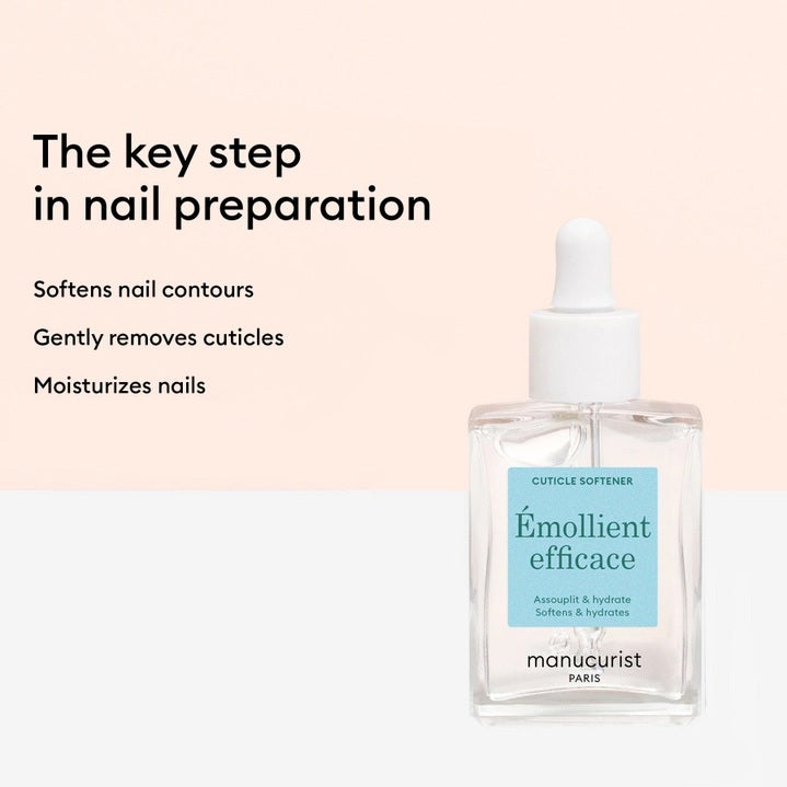 A clear glass dropper bottle labeled “MANUCURIST - EFFECTIVE CUTICLE SOFTENER” by MANUCURIST INC, featuring a light blue label with white text and a white dropper cap; this plant-based formula is designed to soften cuticles for optimal nail preparation.