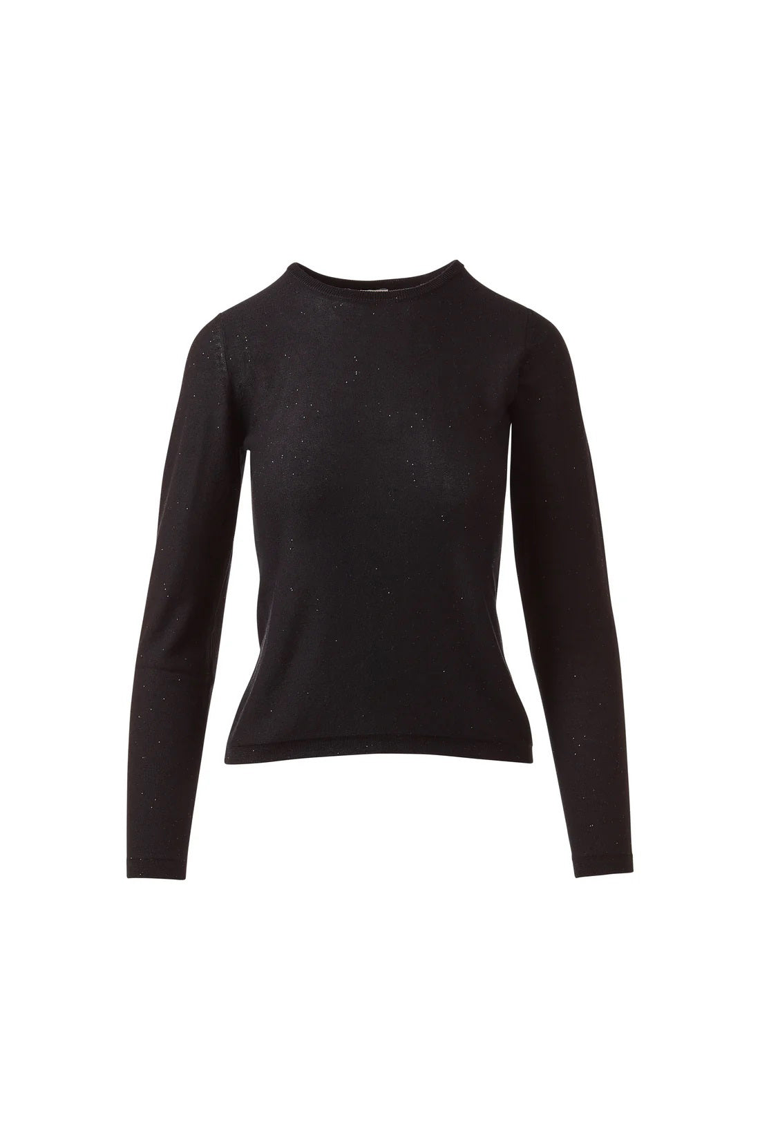 A woman stands facing forward, smiling softly with her hands by her sides, wearing the KINROSS CASHMERE Sequin Crew Neck Sweater in light gray and black pants against a plain white background.