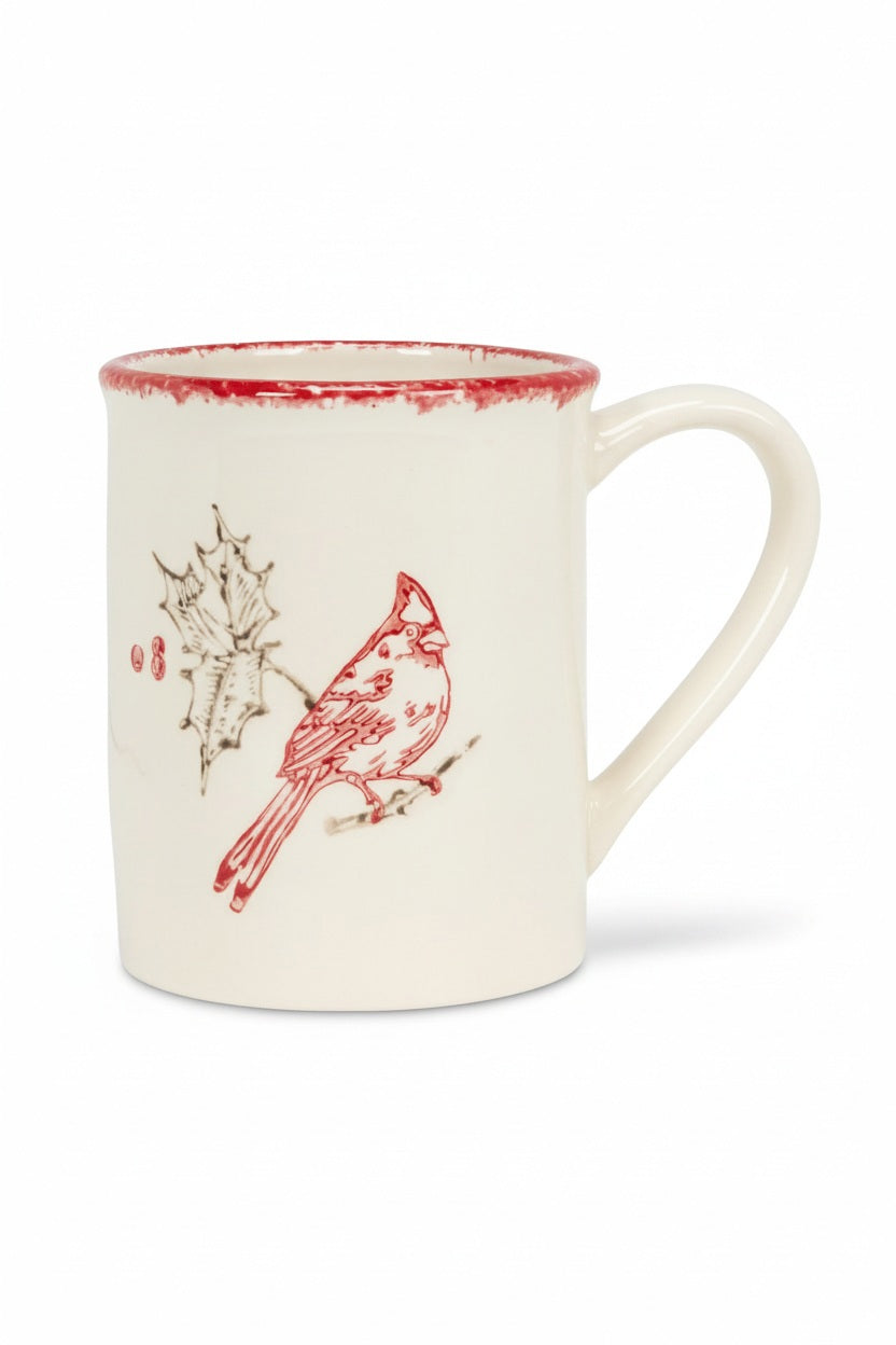 CARDINAL STAMP MUG in cream-colored stoneware, featuring a red cardinal illustration and a red-rimmed top edge.