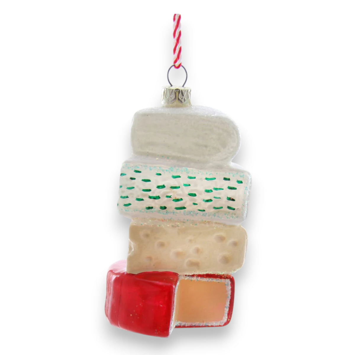 A fun gift for design lovers and collectors, the CHEESE STACK ORNAMENT by CODY FOSTER displays four colorful cheeses stacked and hanging from a festive red and white string—perfect for your holiday décor.