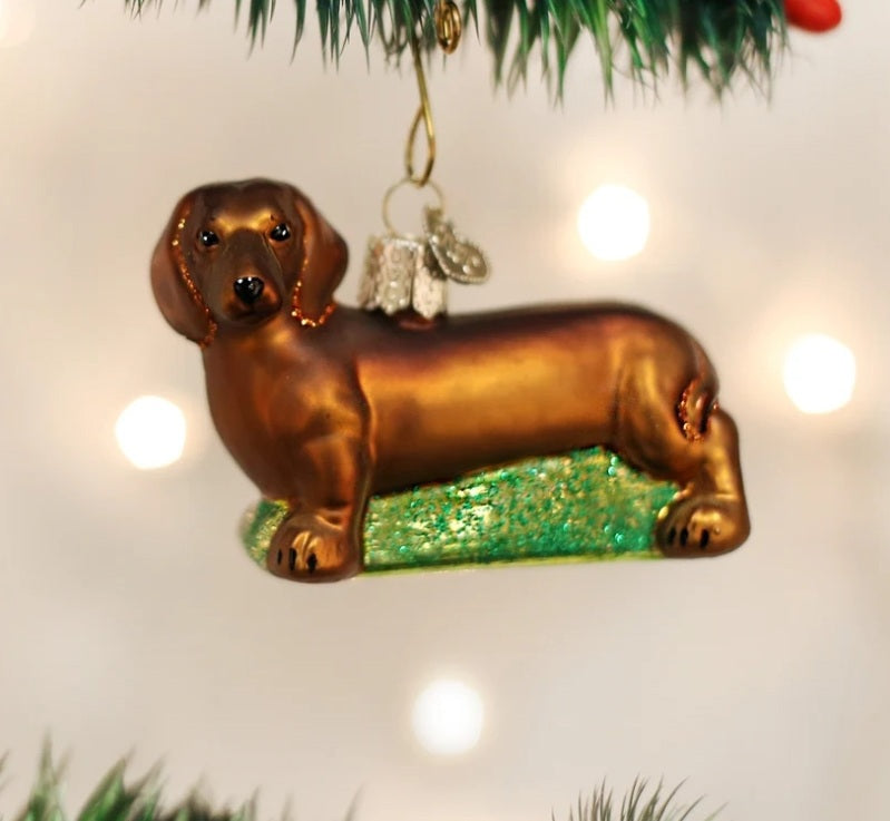 DACHSUND CHRISTMAS ORNAMENT shaped like an affectionate brown dachshund standing on a green, glittery base.