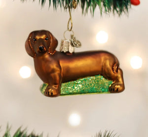 DACHSUND CHRISTMAS ORNAMENT shaped like an affectionate brown dachshund standing on a green, glittery base.