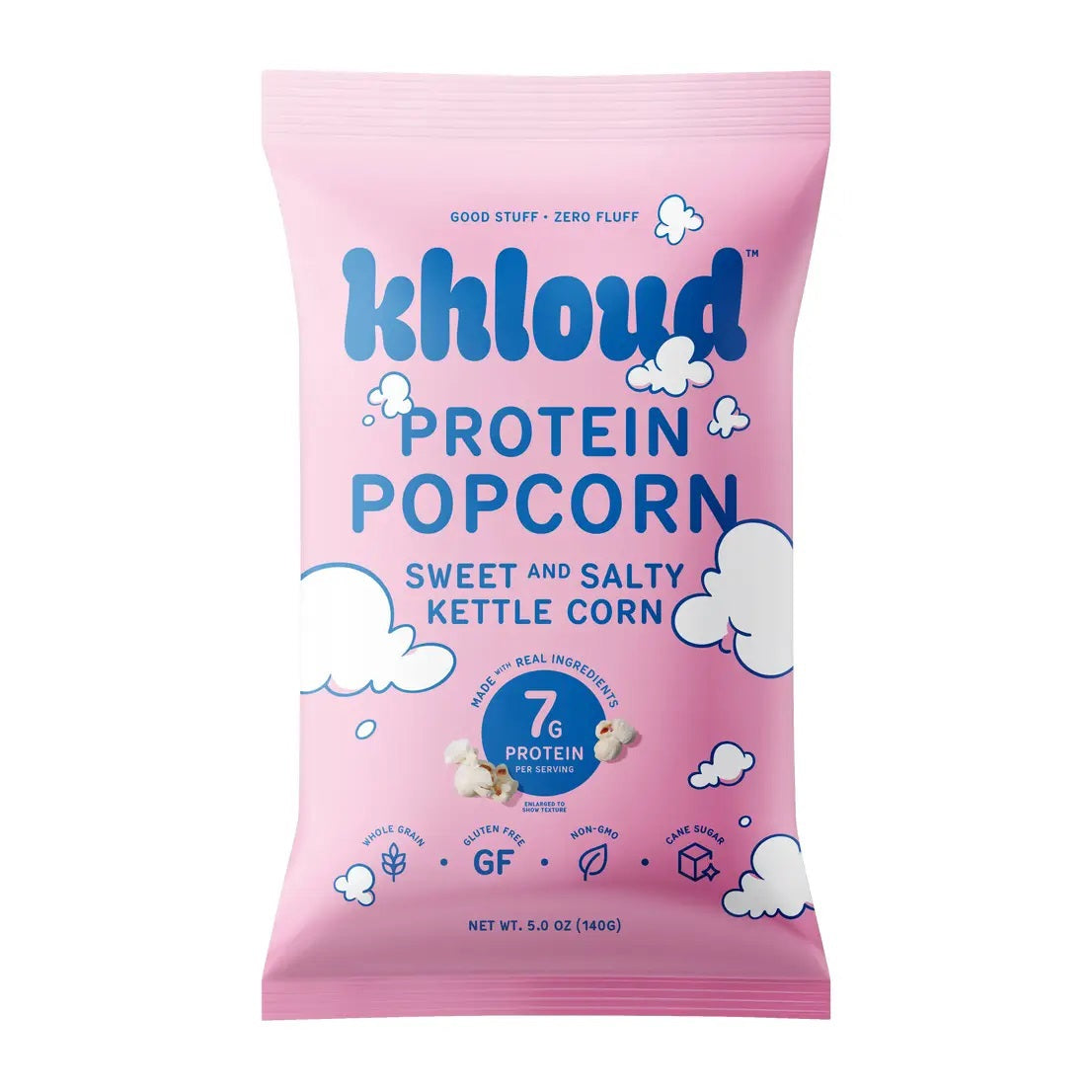 A pink bag of KHLOUD FOODS’ KHLOUD- SWEET & SALTY PROTEIN POPCORN features whimsical cloud designs. This Sweet and Salty Kettle Corn snack offers 7g of protein per serving from premium milk protein, is gluten-free, made with real ingredients, and contains no gluten or soy.
