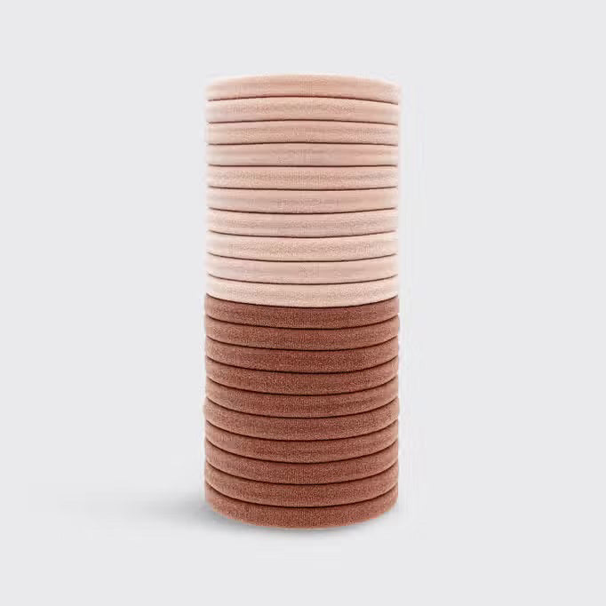 The accessory powerhouse KITSCH presents a "Recycled Nylon Hair Elastics 20pc Set" of versatile brown shades, artfully displayed on a card labeled with the brand name.