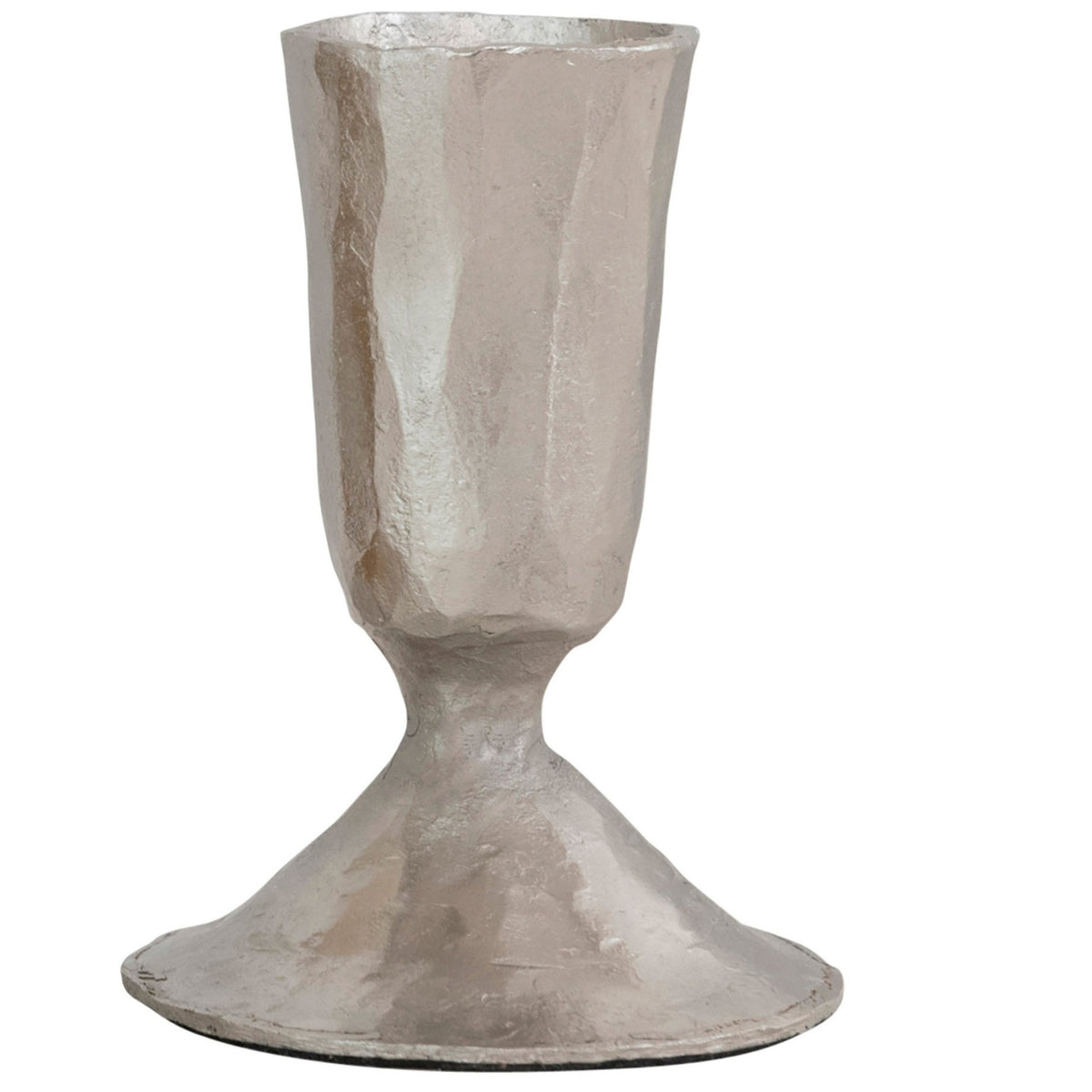 The CREATIVE COOP HAND-FORGED CAST IRON TAPER HOLDERS feature textured surfaces, wide bases, and rustic, handmade appeal in antique brass and silver finishes.