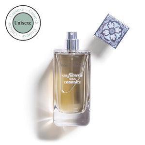 A clear glass ROSE ET MARIUS bottle, labeled "A STROLL UNDER THE ORATORY EAU DE PARFUM 100 ML," features a silver spray top, square cap, and a "Unisexe" label—capturing the floral essence of this unisex fragrance.