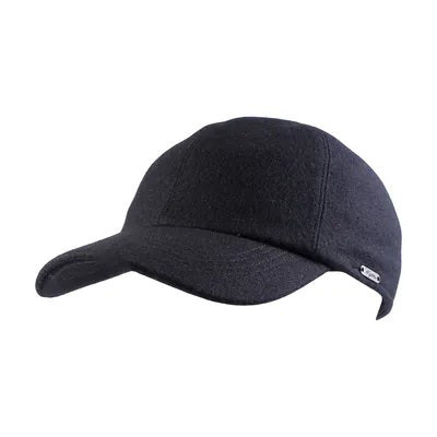 The WIGENS - CLASSIC WOOL BASEBALL CAP by WIGENS is a navy blue winter cap with quilted polyester lining and fold-down earflaps, designed to keep your ears warm and protected in cold weather.