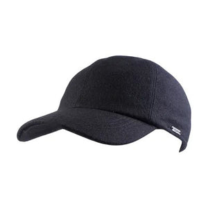 The WIGENS - CLASSIC WOOL BASEBALL CAP by WIGENS is a navy blue winter cap with quilted polyester lining and fold-down earflaps, designed to keep your ears warm and protected in cold weather.