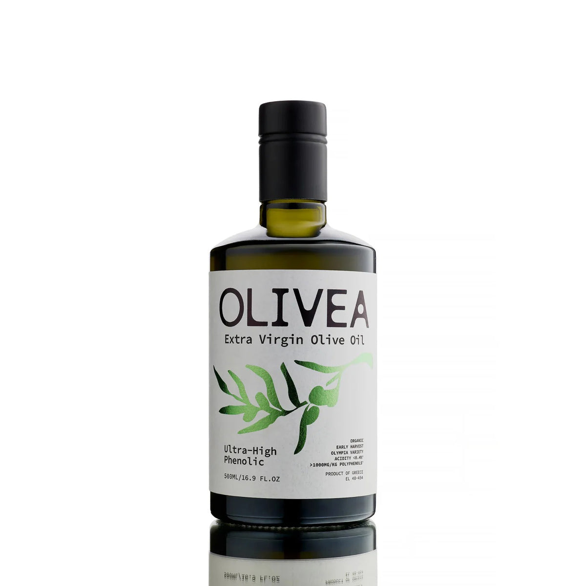 A certificate of analysis for OLIVEA - ULTRA HIGH PHENOLIC EXTRA VIRGIN OLIVE OIL, featuring chemical analysis results such as Oleocanthal and Tyrosol levels—emphasizing the potent antioxidant benefits of this polyphenol-rich olive oil. A checkmark and "3RD PARTY LAB TESTED" text are displayed at the top, with brand details shown above a subtle watermark.