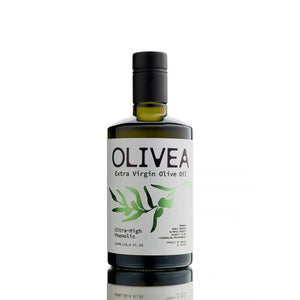 A certificate of analysis for OLIVEA - ULTRA HIGH PHENOLIC EXTRA VIRGIN OLIVE OIL, featuring chemical analysis results such as Oleocanthal and Tyrosol levels—emphasizing the potent antioxidant benefits of this polyphenol-rich olive oil. A checkmark and "3RD PARTY LAB TESTED" text are displayed at the top, with brand details shown above a subtle watermark.