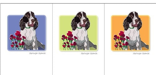 PAPER RUSSELLS - SPRINGER SPANIEL WITH FLOWERS NOTECARDS by PAPER RUSSELLS features a Springer Spaniel with a green collar beside red flowers on a blue background, bordered in black and printed on premium recycled paper for sustainability.