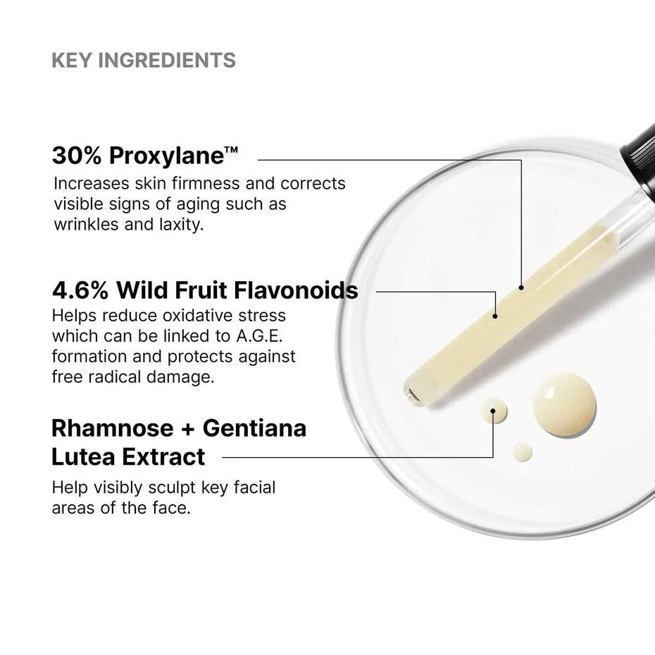 A graphic for SKINCEUTICALS - A.G.E. INTERRUPTER ULTRA SERUM shows 30% Proxylane, 4.6% Wild Fruit Flavonoids, and Rhamnose + Gentiana Lutea Extract beside a dropper, highlighting facial sculpting and skin firming benefits.