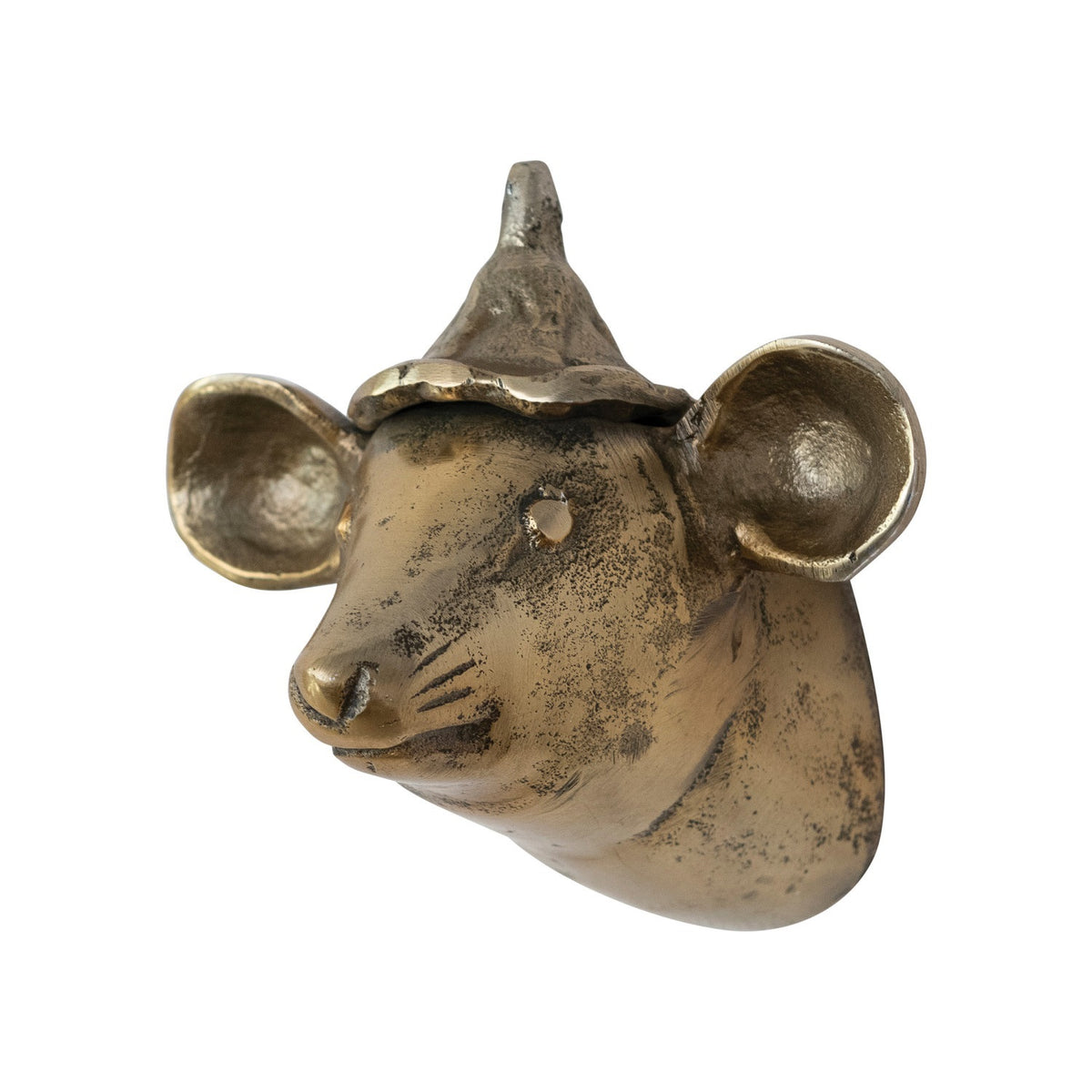 The CREATIVE COOP MOUSE HEAD WITH HAT WALL DÉCOR features an antique brass finish, large ears, and a pointed hat—an ideal mouse wall accent for cottagecore interiors. Shown isolated on a white background.