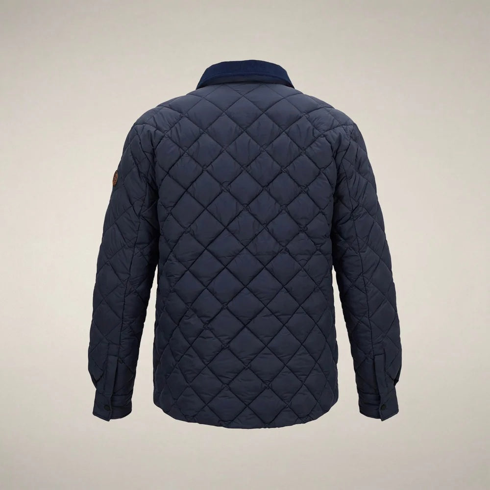 The SAVE THE DUCK - FIRMIN Puffer Jacket in Blue Black by SAVE THE DUCK features a diamond-quilted design, long sleeves, snap button closures, two chest pockets with flaps, and a dark collar, presented against a plain light background.
