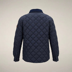 The SAVE THE DUCK - FIRMIN Puffer Jacket in Blue Black by SAVE THE DUCK features a diamond-quilted design, long sleeves, snap button closures, two chest pockets with flaps, and a dark collar, presented against a plain light background.