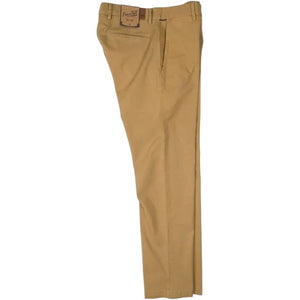 Close-up of PENNBILT - THE PLAINSMAN PANT IN DARK KHAKI, featuring tan Pima cotton fabric with a partially unzipped brass zipper and an open button. A blue “PENNBILT” label is sewn near the waistband.