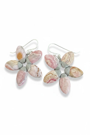 ANN LIGHTFOOT - RHODONITE FLOWER EARRINGS feature five pink and beige patterned petals with sterling silver wire wrapping, shown on a white background—ideal for fans of handmade gemstone jewelry by ANN LIGHTFOOT.