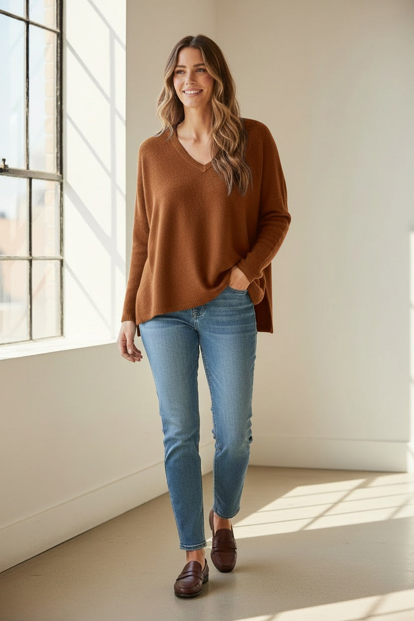Close-up of a warm, rusty orange knitted fabric showcasing the even stockinette stitch texture of the BASE MILANO - BOXY OVERSIZED V NECK SWEATER by BASE MILANO.