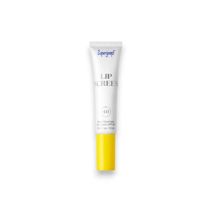 A white tube of SUPERGOOP - LIPSCREEN SHINE SPF40, featuring a yellow cap. The front label reads &quot;Broad Spectrum Sunscreen SPF 40&quot; and notes that the tube contains 0.34 fl oz (10 mL) of product. The background is plain white.