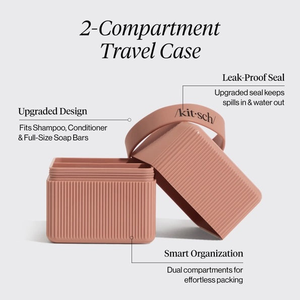 Two ribbed, rectangular KITSCH TWO COMPARTMENT TRAVEL CASES IN TERRACOTTA—one open with its lid tilted to the side—offer a stylish way to organize your beauty essentials and make an ideal travel case. Inside the open compartment are two soap bars, one dark and one yellow, while “kit-sch/” is inscribed on the lid. The background is plain white.