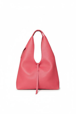 The OLIVEVE Elisabetta Shopper in pink Italian buffalo cowhide boasts a unique triangular design with a top handle and front tassel. It features soft, slightly pebbled leather and is showcased against a plain white background.