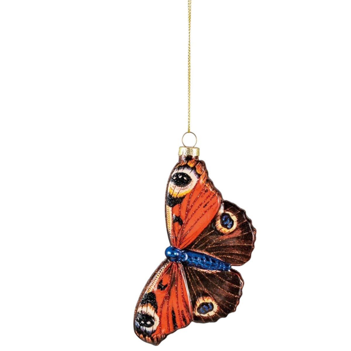 A Creative Coop hand-painted mercury glass butterfly ornament with glitter, featuring orange and brown wings with eye-spot patterns.