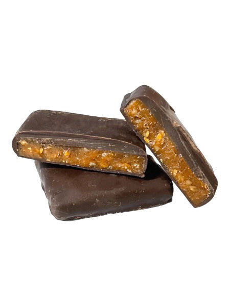 A box of Griff&#39;s Toffee - Coffee 7oz by GRIFFS TOFFEE, offering a gluten-free delight with rich dark chocolate and pecan flavors. The front displays an image of the toffee pieces stacked to reveal layers of chocolate, coffee, and pecans. The box weighs 7 oz (198g).